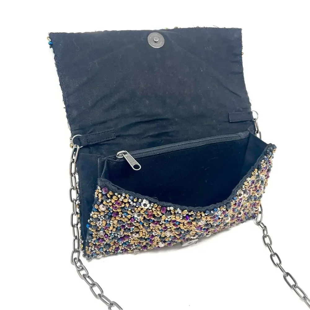 Free People Multicolor Black Beaded Evening Clutch Purse w/ Gunmetal Chain Strap